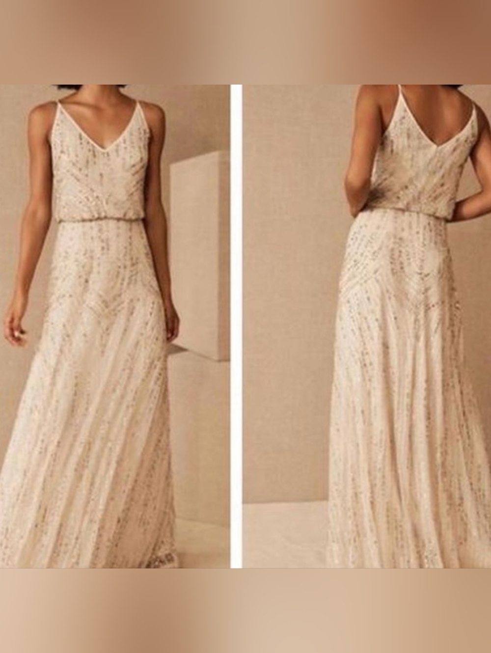Beaded Gold Evening Dress with V-Neck